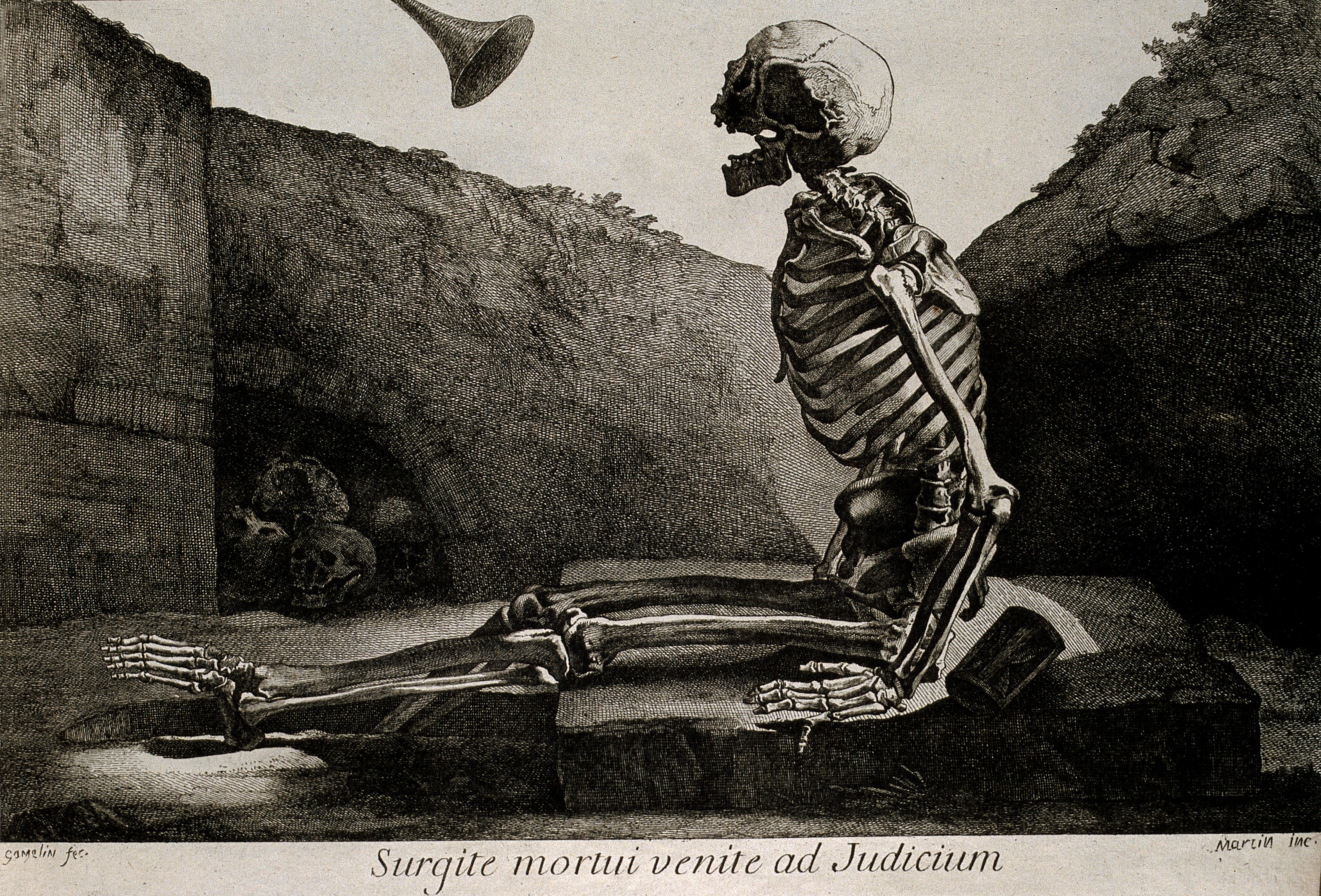 V0008801 A skeleton, seated on his grave, awakes to the last trump Credit: Wellcome Library, London. Wellcome Images images@wellcome.ac.uk http://wellcomeimages.org A skeleton Crayon 1779 By: Jacques Gamelinafter: nameGamelin, Jacques Nouveau recueil d'ostéologie et de myologie Nouveau recueil d'ostéologie et de myologie. Jacques Gamelin Published: 1779] Copyrighted work available under Creative Commons Attribution only licence CC BY 4.0 http://creativecommons.org/licenses/by/4.0/